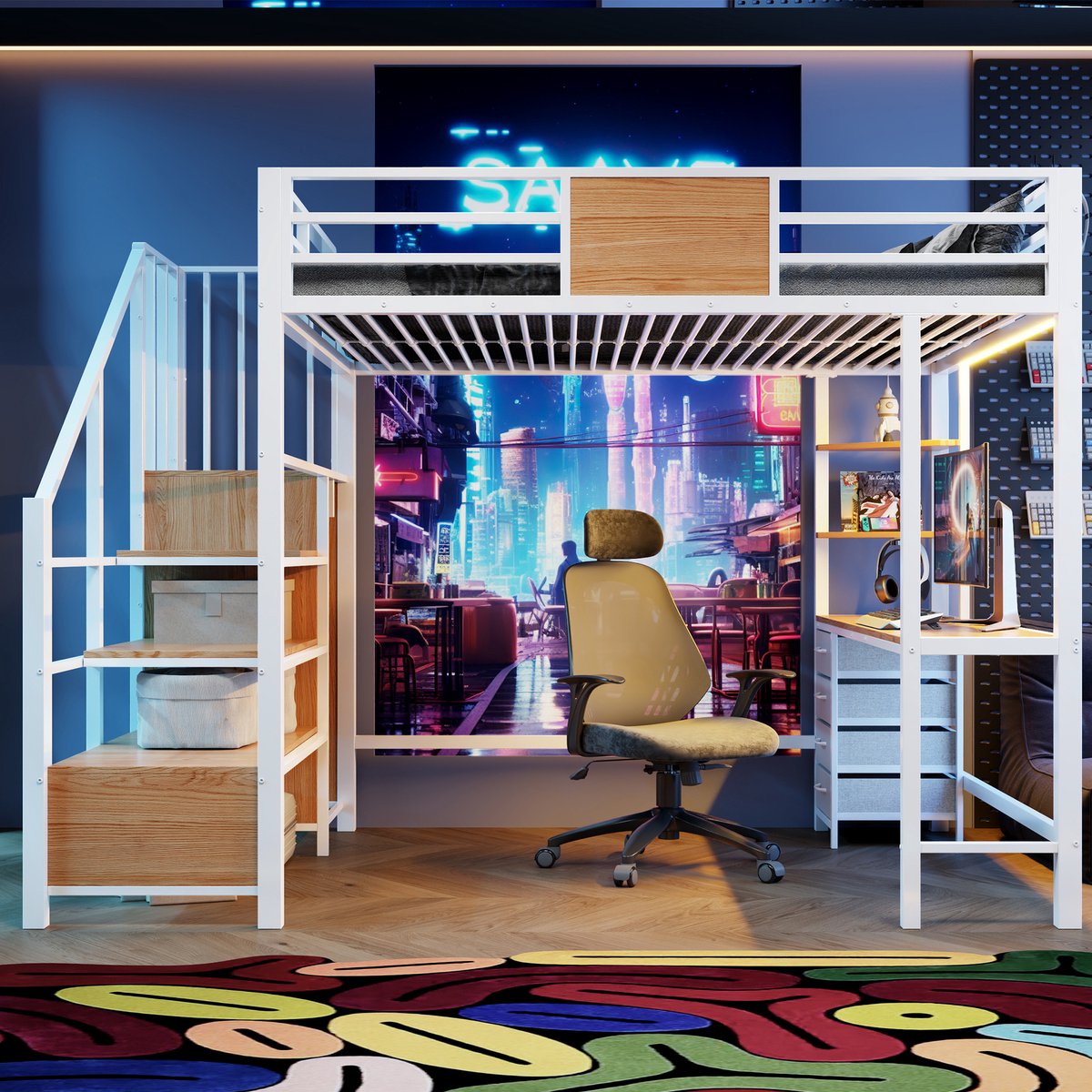 HAUSS SPOLE Hoogslaper 140x200 cm - Met Bureau, Opbergvakken, Kledingroede, Ledverlichting en Stopcontact - Zonder Matras - Metaal En MDF - Wit