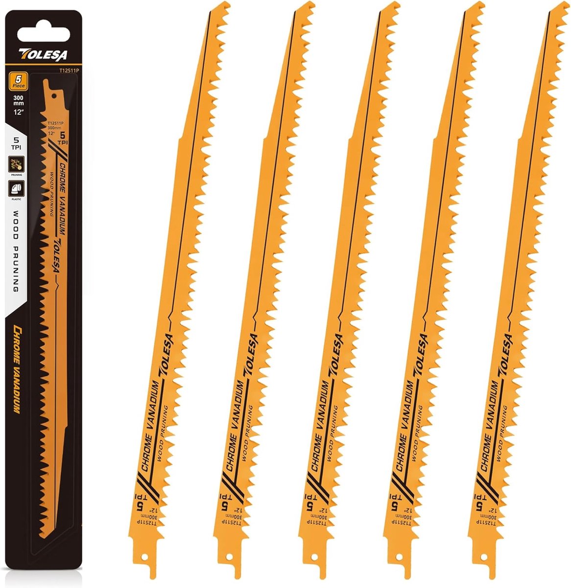 SnelShoppen - Reciprocating Saw Blades voor Hout 300 mm, 5 TPI, CRV Zaagbladen voor Houtbewerking en Snoeien, Geschikt voor Hout, Plastic en PVC
