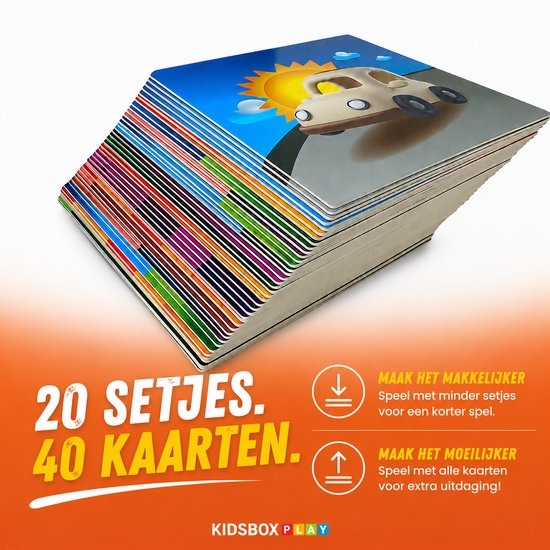 Een stapel kaarten met diverse afbeeldingen, waaronder een auto onder een zon. De tekst '20 SETJES. 40 KAARTEN.' is zichtbaar.