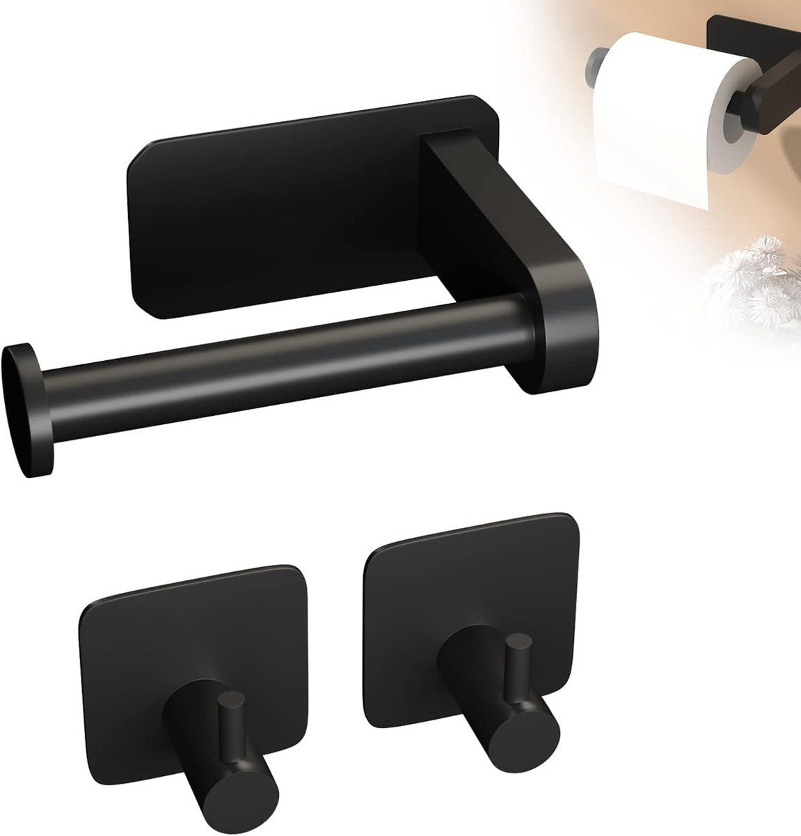 SnelShoppen - Toiletpapierhouder zonder boren met 2 handdoekhaken - RVS zwart - Multifunctionele wandhouder voor keuken, badkamer en toilet