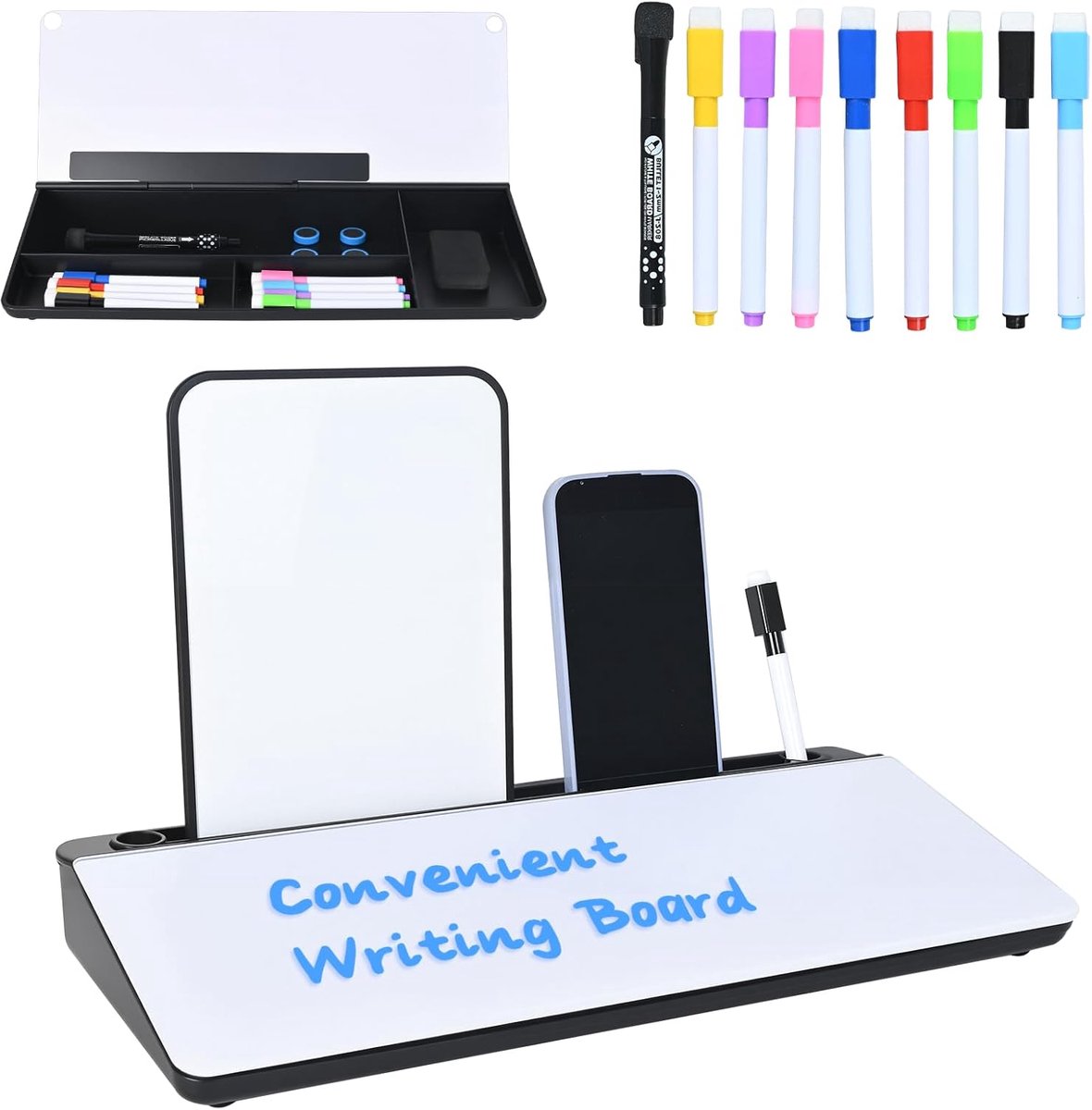 SnelShoppen - Multifunctioneel 4 Compartiment Bureau Whiteboard met Telefoon / Tablet Houder, Magnetisch Mini Whiteboard en Accessoires, Wit