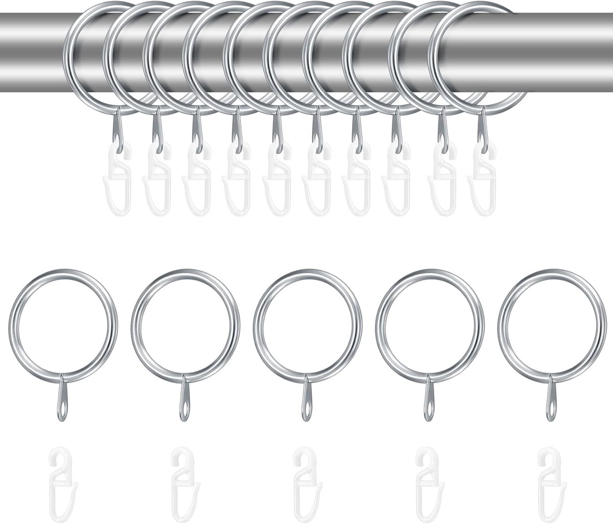 SnelShoppen - 24 Sets Metalen en Plastic Gordijnringen en Haakjes, 30mm Binnenmaat, Zilver, Gordijnbevestigingshardware voor Huishouden en Kantoor