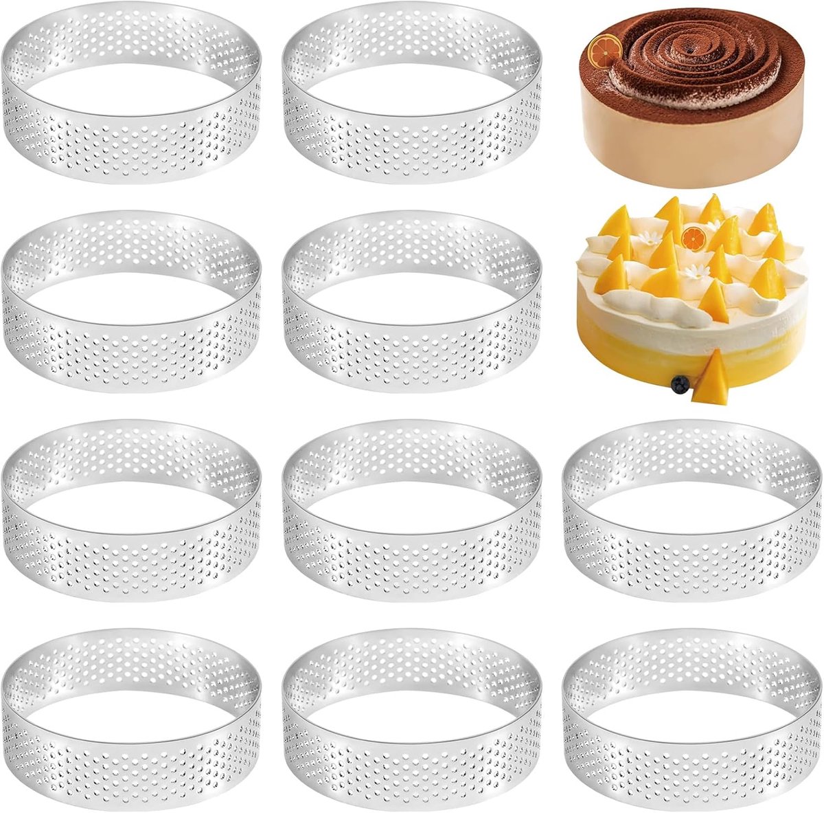 SnelShoppen - 10 Stuks Ronde Cake Ringen met Gaten - Roestvrijstalen Bakvormen voor Taarten, Quiches en Mousse - 7cm - Keuken Accessoires voor Feesten