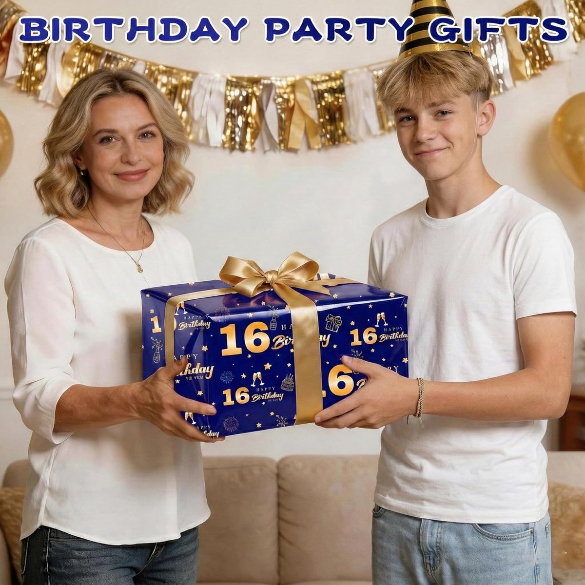 SnelShoppen - Cadeaupapier 16e Verjaardag Blauw Goud, 5 Stuks, 70x50 cm, Happy Birthday Inpakpapier voor Mannen en Jongens, Feestelijke Verpakking voo