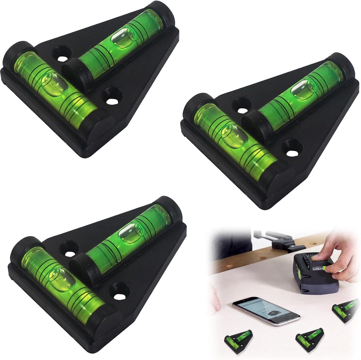 SnelShoppen - Pack van 3 Mini Waterpas, Schokbestendige Spirit Levels voor Caravan, Motorhome en Camping, Pre-geboorde Gaten, Duurzaam en Betrouwbaar
