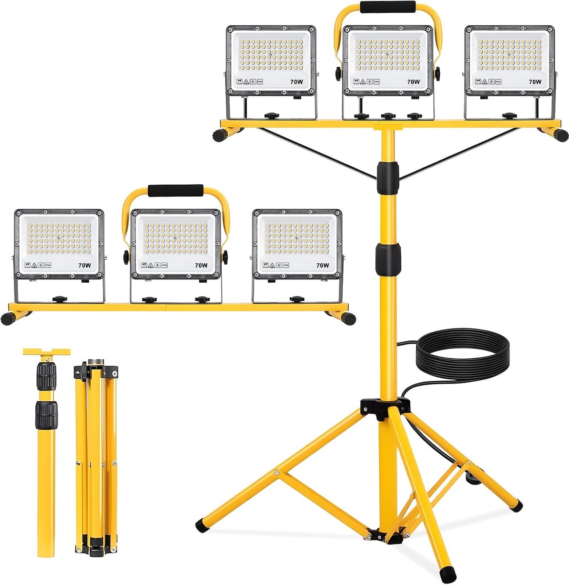 SnelShoppen - Bouwlamp LED met Statief 3x70W, 21000 lm, Verstelbare Koppen, Waterdicht IP66, In hoogte Verstelbaar tot 160 cm, 5m Kabel voor Garage en