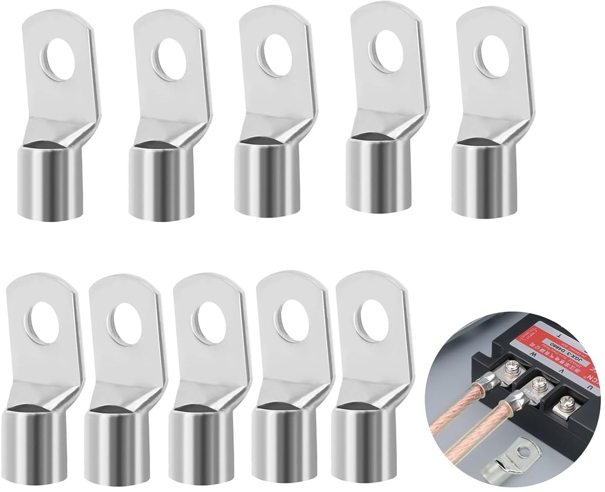 SnelShoppen - Pack van 10 Tubulaire Lugs 50 mm² M8, Niet Geïsoleerde Crimp Lugs, Tinned Copper Kabelschoenen voor Auto, Accu, Zonnepanelen, Klussen