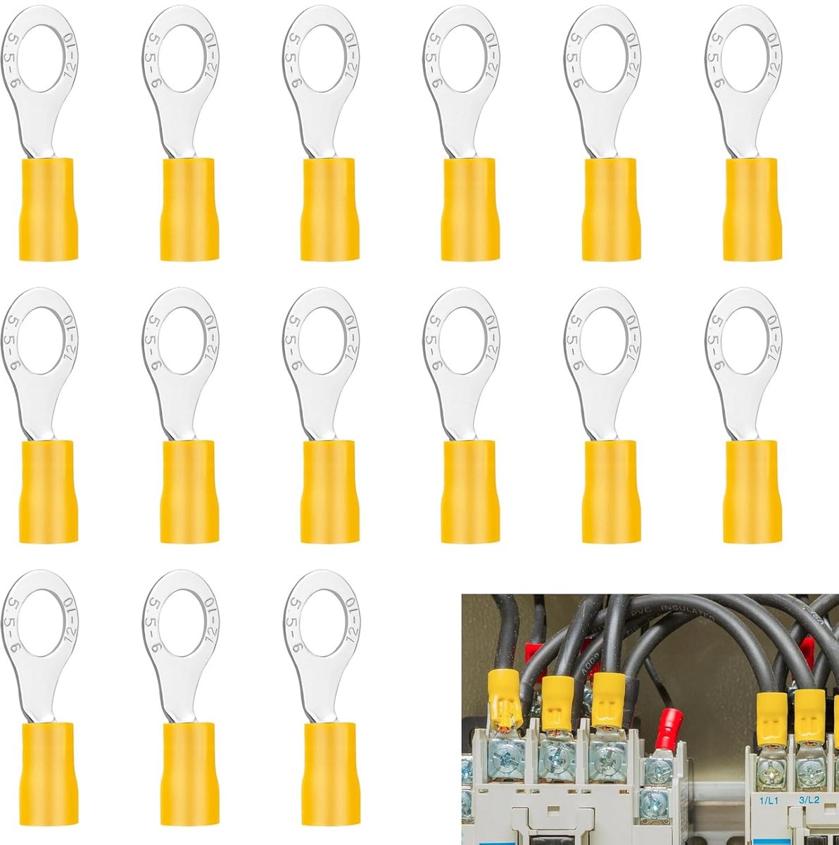 SnelShoppen - Pack van 15 Ring Lugs, Geïsoleerde Compressieconnectoren, Kabelverbinding 4.0-6.0 mm² Geel, M6 Gat, PVC, Vrouwelijke Connectoren voor Ka