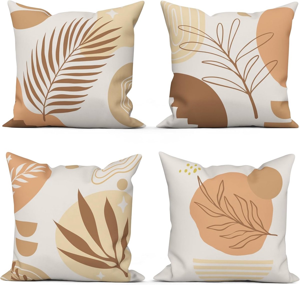 SnelShoppen - Set van 4 Kussenslopen 40 x 40 cm Boho Abstract Bladeren voor Sofa Decoratie Modern Minimalistisch Kunst Sun Beige Wasbaar Polyester Bui