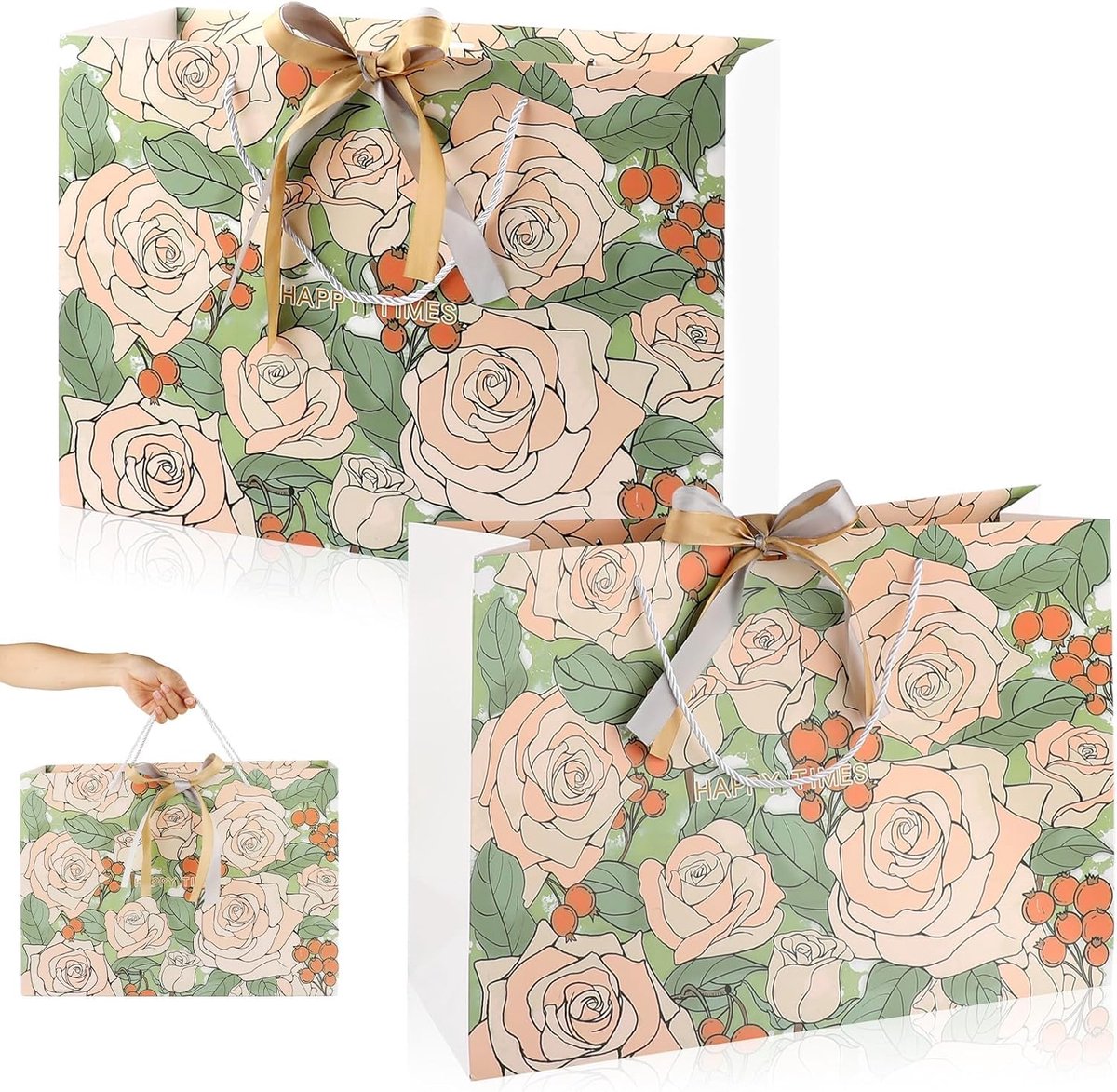 SnelShoppen - 2 Stuks Extra Grote Cadeau Tassen met Handvat en Ribbons 42x30x15 cm, Kleurvolle Papieren Draagtassen voor Verjaardag, Bruiloft, Feest