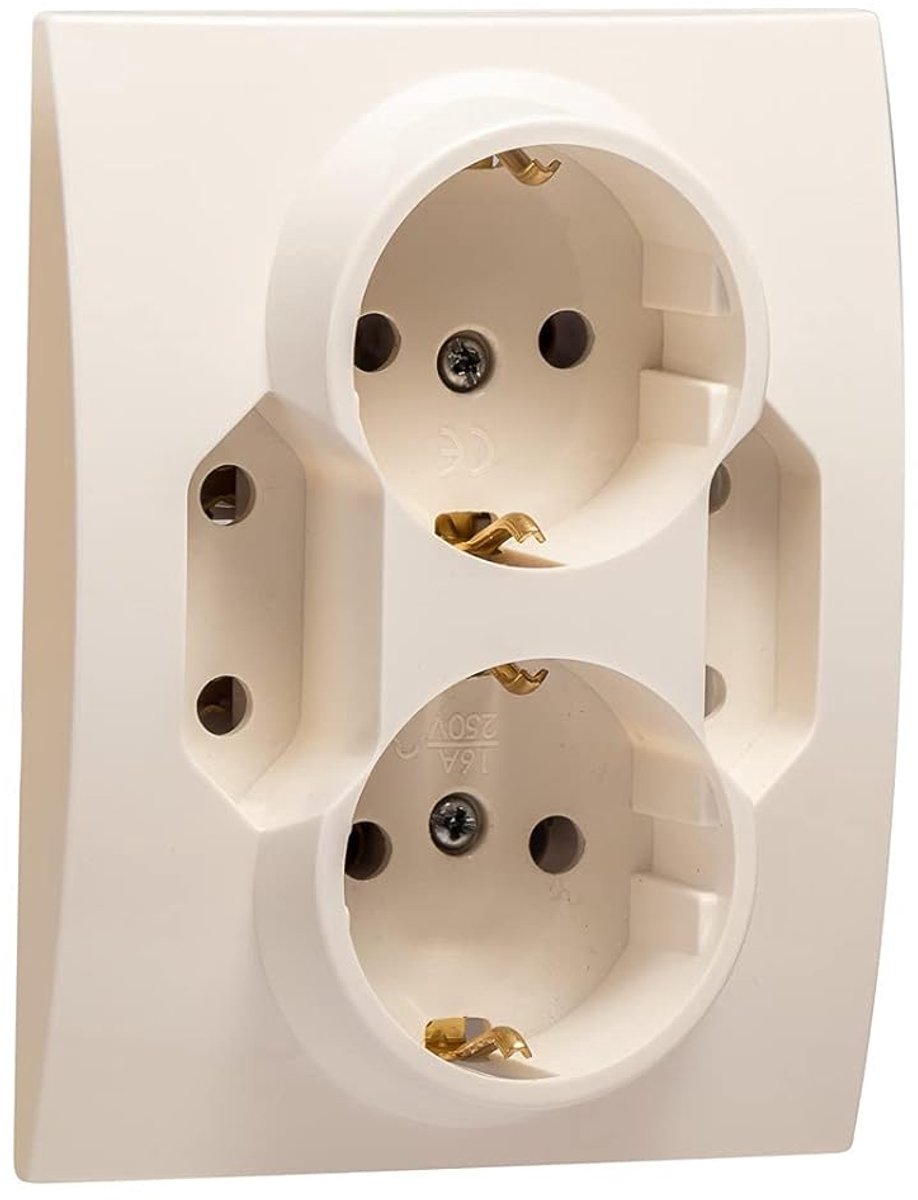 SnelShoppen - 4-voudige inbouwcontactdoos met veiligheid, cream kleur, 2 Schuko en 2 Euro, IP20, 16A 250V, geschikt voor 60mm inbouwdozen