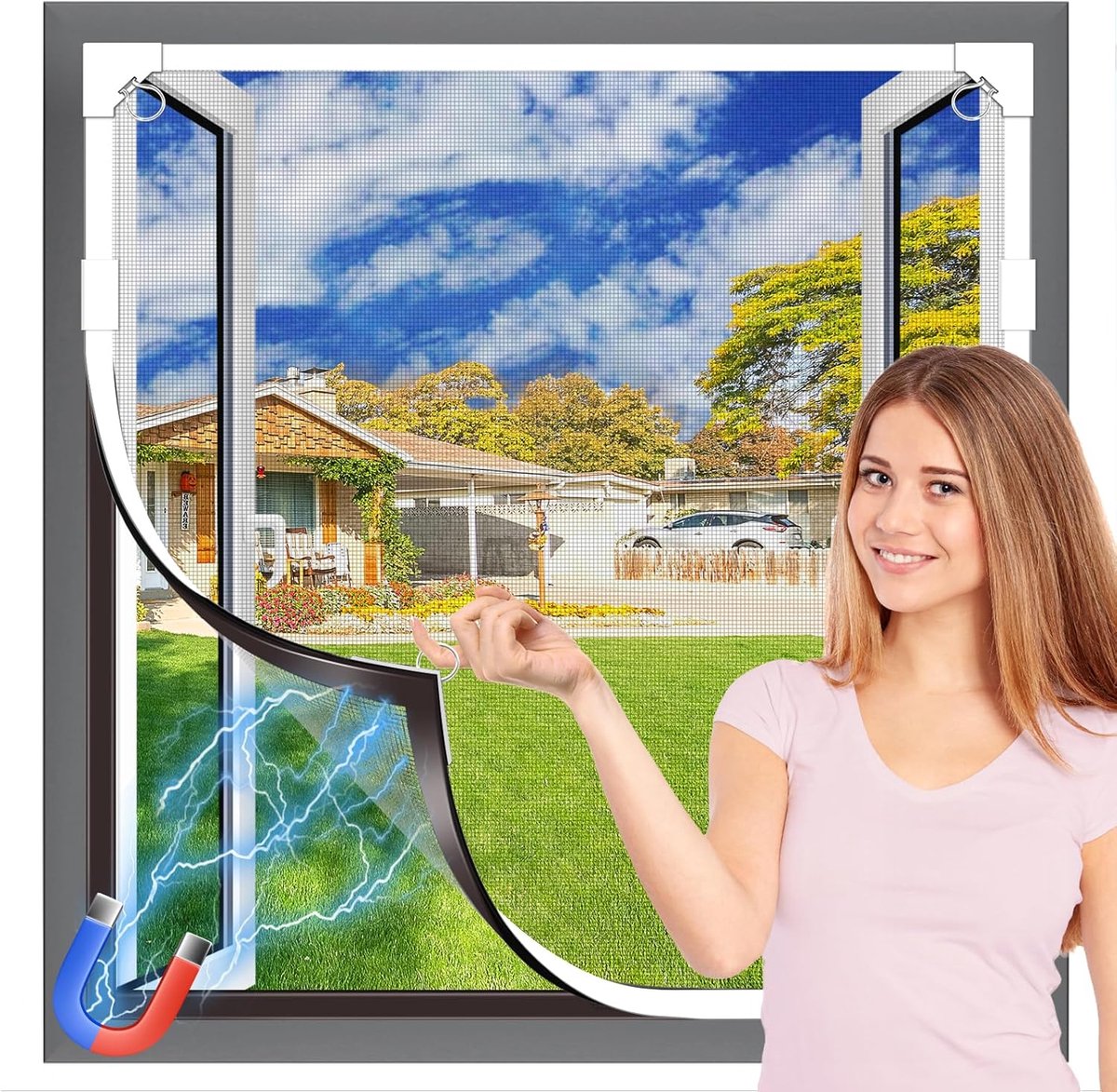 SnelShoppen - Magnetisch Vliegenraam voor Ramen, DIY Insectenbescherming, Afkappbaar, Zelfklevend Magnetisch Frame, Geen Boren, Stevig Glasvezelgaas,