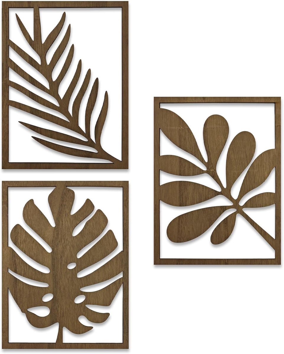 SnelShoppen - 3 Packs 30x22cm Tropische Wanddecoratie, 3D Houten Bladeren Sculptuur voor Woonkamer, Badkamer en Slaapkamer, Rustieke Decoratie (Donker