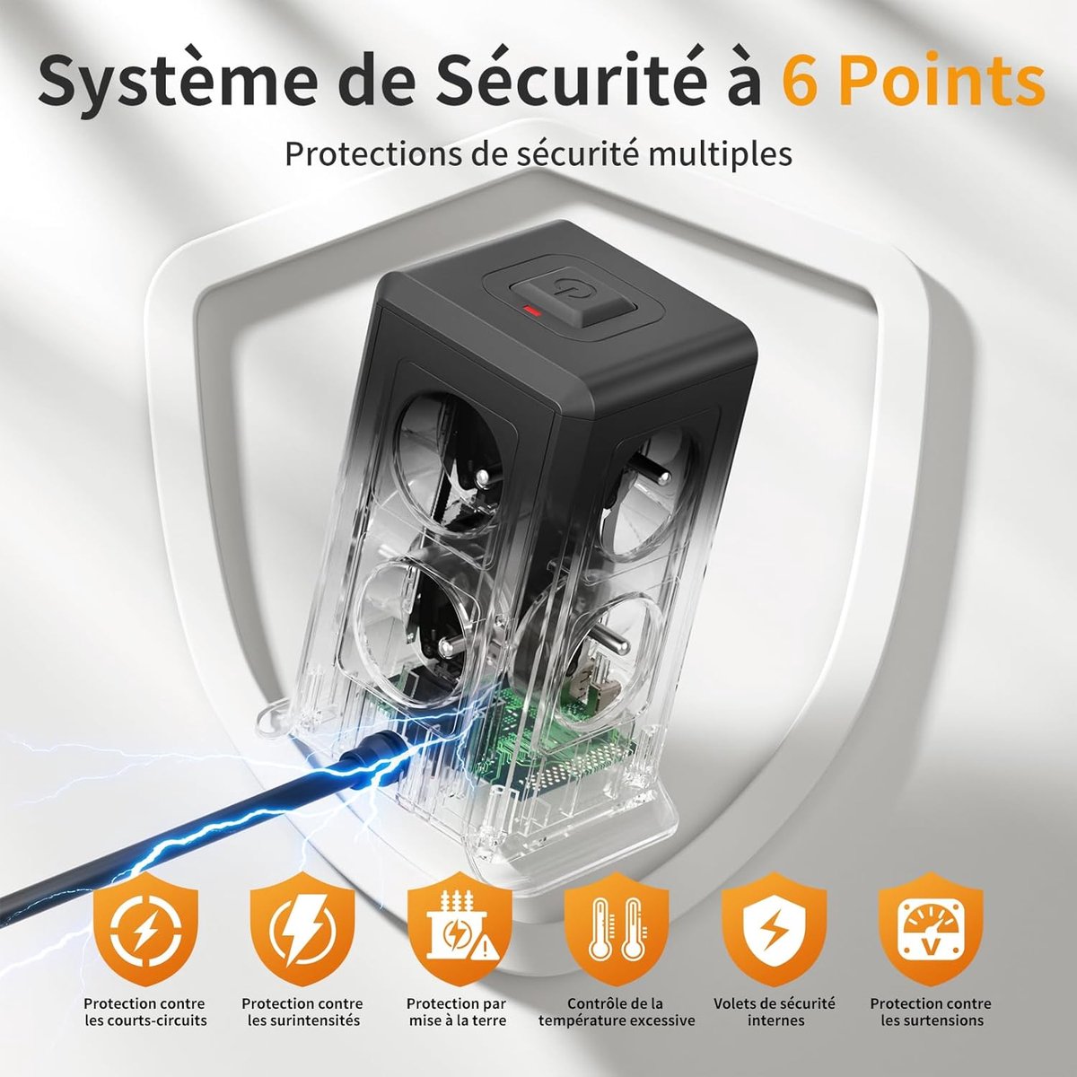 SnelShoppen - Power Strip met Schakelaar, Overspanningsbeveiliging, 8 Franse AC Stopcontacten en 4 USB Poorten voor Thuis, Kantoor, Woonkamer en Slaap