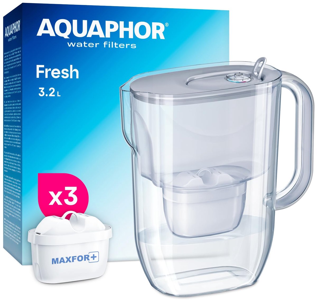 SnelShoppen - Waterfilterkan 3,2L met 3 MAXFOR+ Filters – 600 Liter – Grijs – Ergonomisch, Modern Design voor Keuken en Gezinsgebruik
