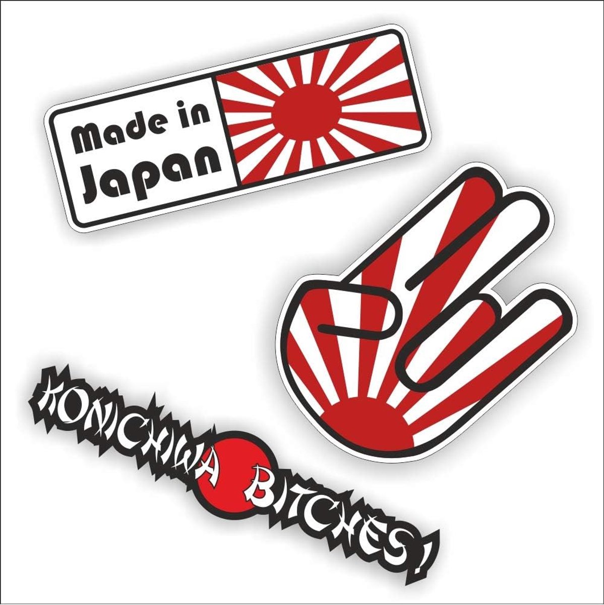 SnelShoppen - 3 Sticker Set Auto - Handgemaakte Japanse Stickers 15x5 cm - Konichiwa 17.5x3.5 cm - Duurzame en Weerbestendige Auto Tuning Stickers - G