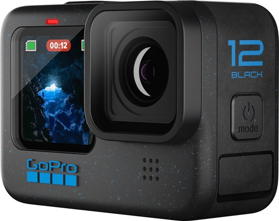 GoPro HERO 12 Black actioncamera met blauwe spetters op zwarte behuizing, zijkant zichtbaar.