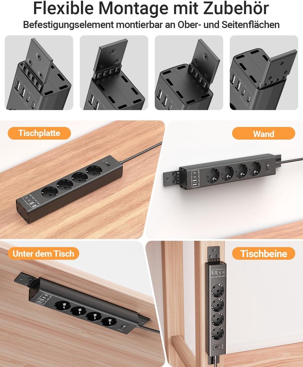 Thijox - Stekkerdoos met Draaibare Bevestiging, 4 Stopcontacten + 4 USB Poorten (PD20W), 2m Verlengsnoer, 4000W Overspanningsbeveiliging voor Onder Ta