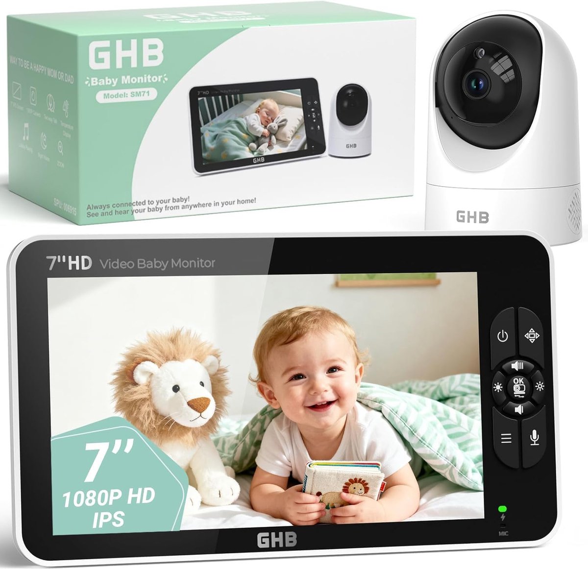SnelShoppen - Baby Bewakingscamera 7 Inch IPS 1080P Scherm, 168 Uur Accuduur, 4000 mAh, Ondersteunt 2 Camera's, 4× Zoom, Twee-Weg Communicatie, Geluid