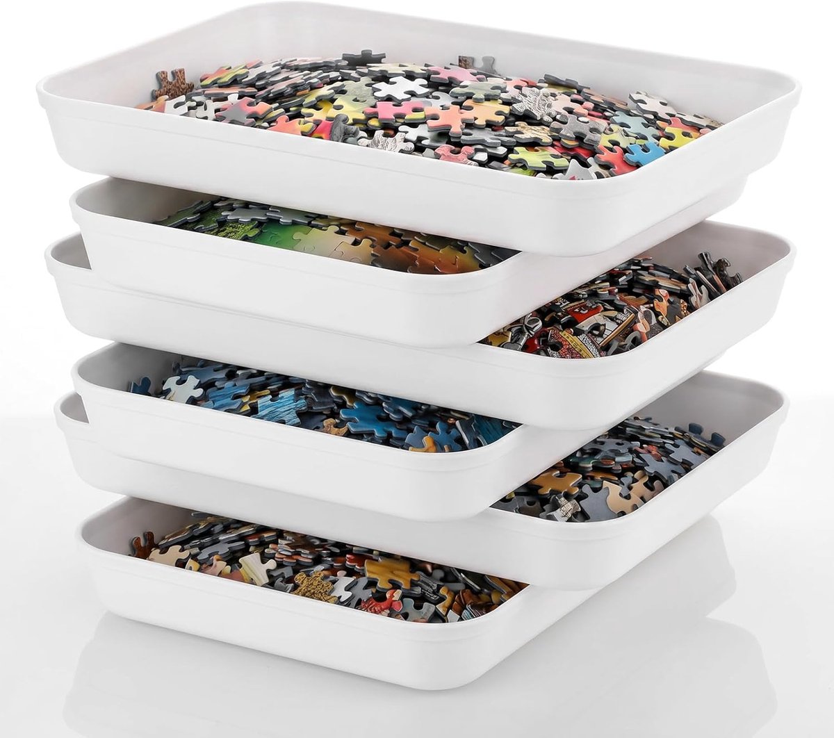 Thijox - Set van 6 Stapelbare Puzzelbakjes, Extra Grote Puzzeldienbladen voor 3000 Stukjes, Organizer en Puzzelcontainer, 30,5 x 22 cm, Wit