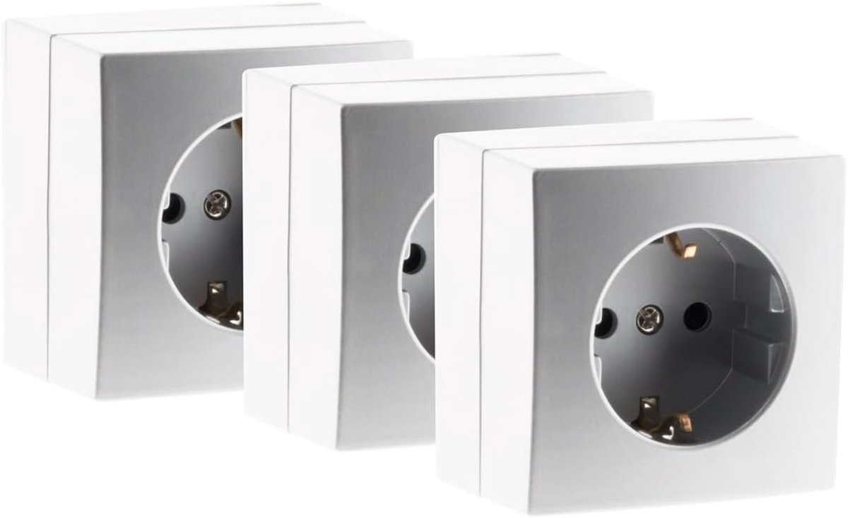 SnelShoppen - Schuko Stopcontact 16A Wit/Zilver, 3-Pack, Modern Design, Geschikt voor Standaard Frames, Eenvoudige Installatie, Veilig voor Thuis en K