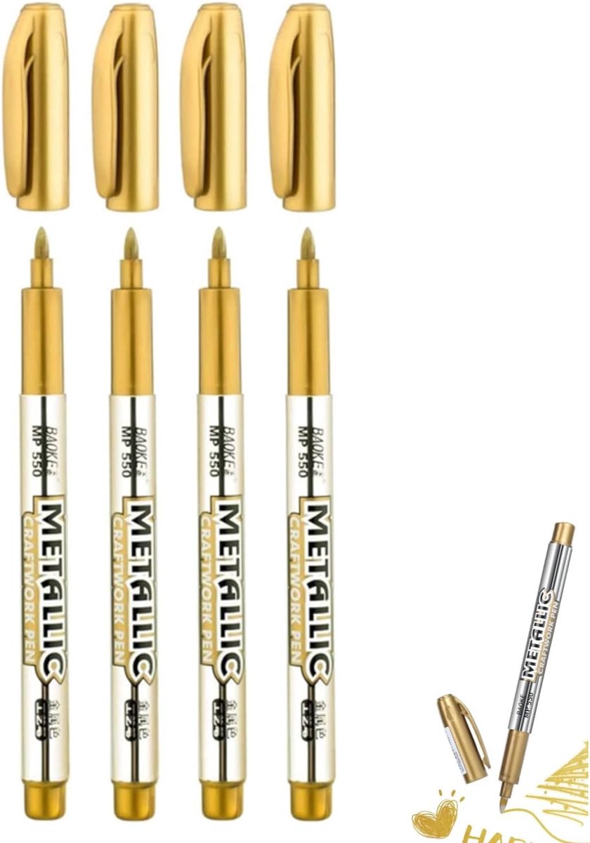 SnelShoppen - 4 Stuks Metalen Markers - Permanente Marker Set voor DIY Kunst - Geschikt voor Papier, Metaal, Hout, Keramiek, Glas - Gouden Kleur - Sne