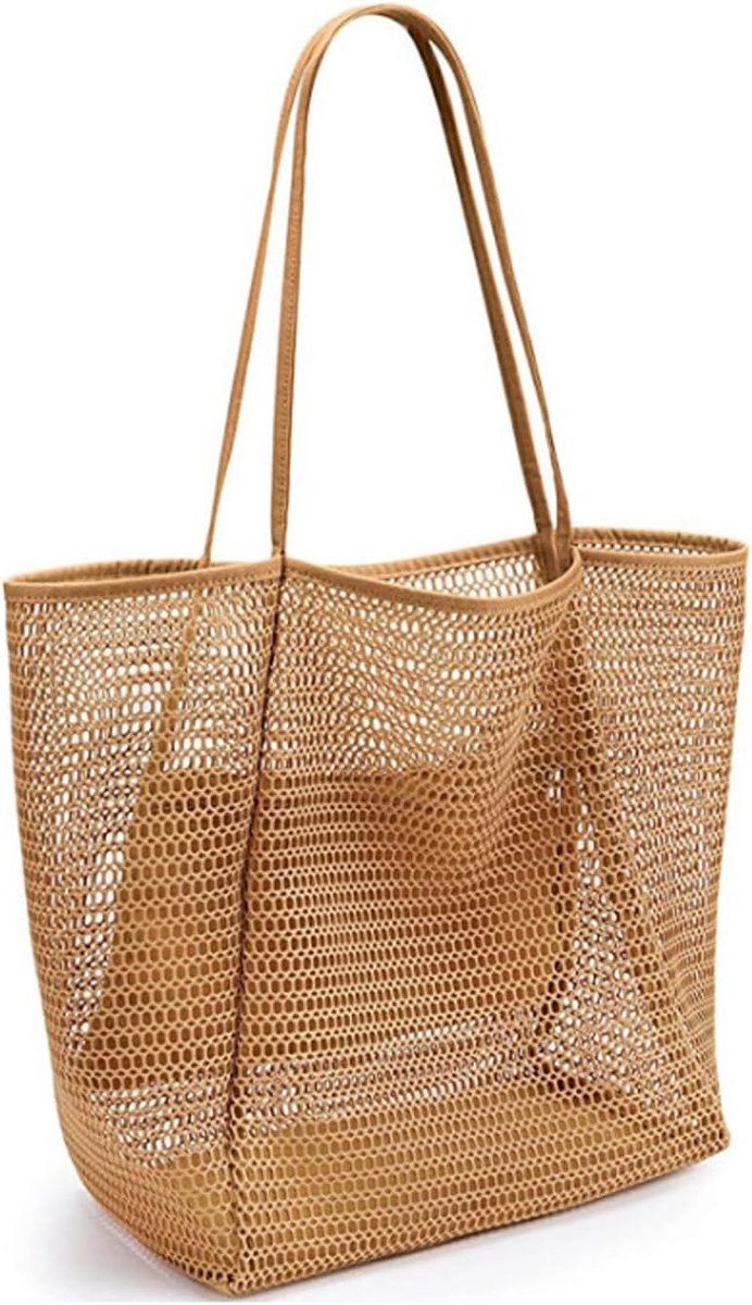 Draagbare mesh strandtas met vakken en rits voor zand speelgoed, ideaal voor vakantie, gym en reizen, khaki, maat L