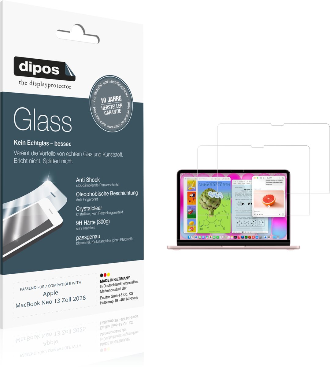 dipos – 2x Pantserfolie geschikt voor Apple MacBook Neo 13 Zoll 2026 | 9H Screenprotector