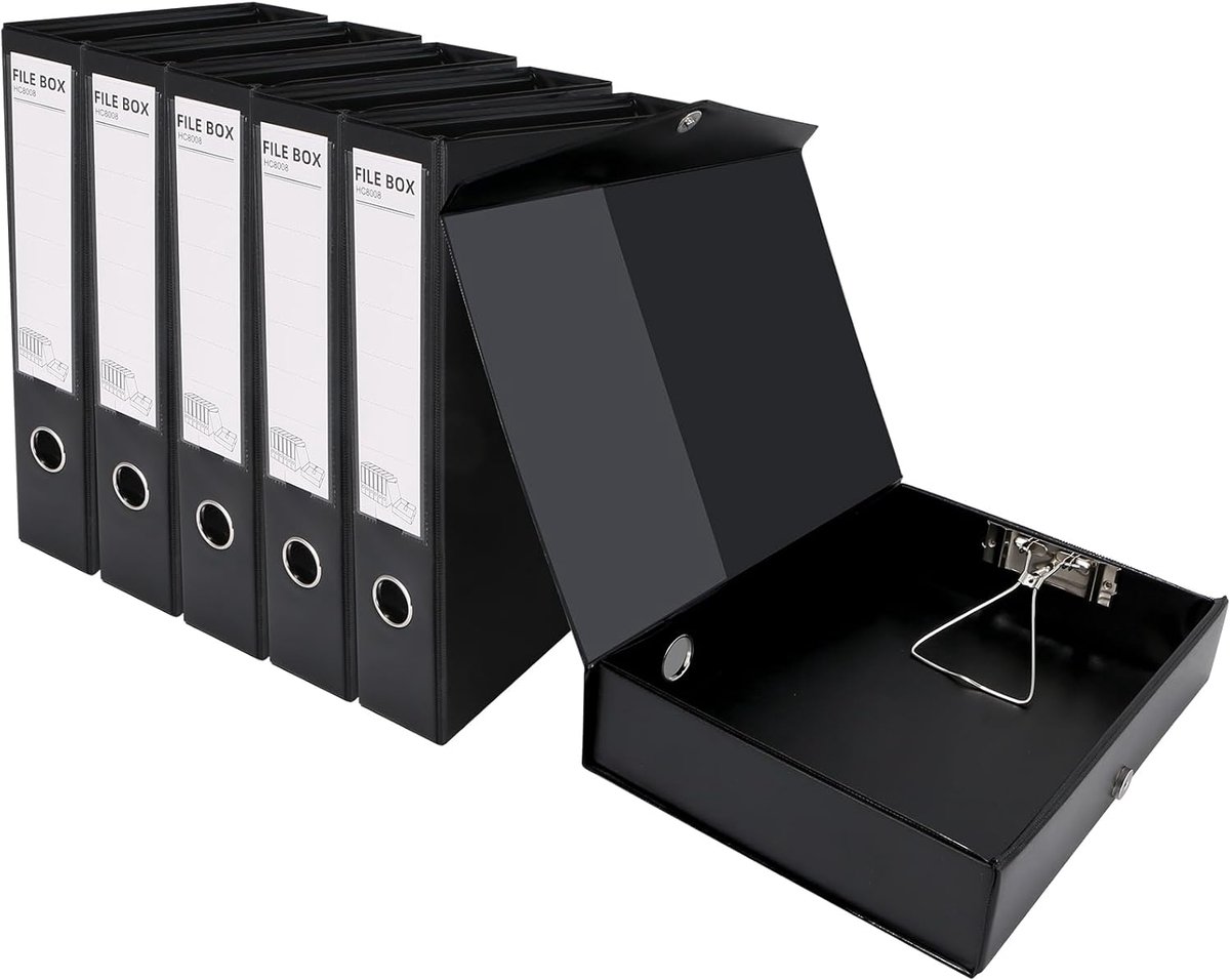 SnelShoppen - 6 Pack A4 Box Bestanden met Clip, 65mm Rug, Vouwbare Document Archiefdozen voor Kantoor en School - Zwart, Waterdicht en Scheurvast