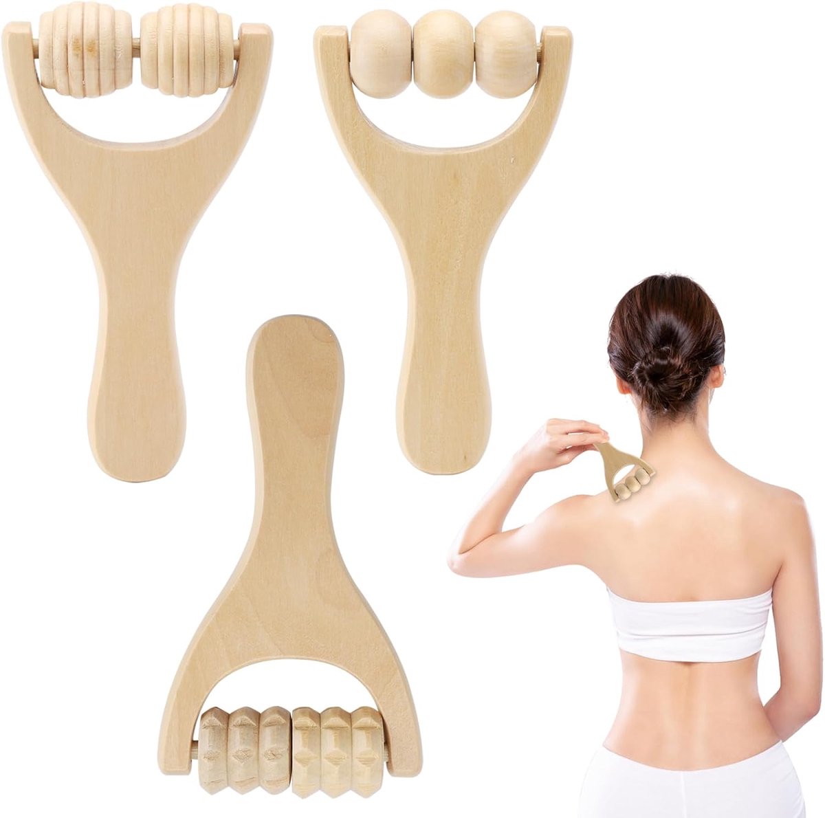 SnelShoppen - Set van 3 Houten Massage Rollers, Manual Wood Therapy Massager, 100% Natuurlijke Hout voor Spierontspanning en Lymfedrainage, Handmatige