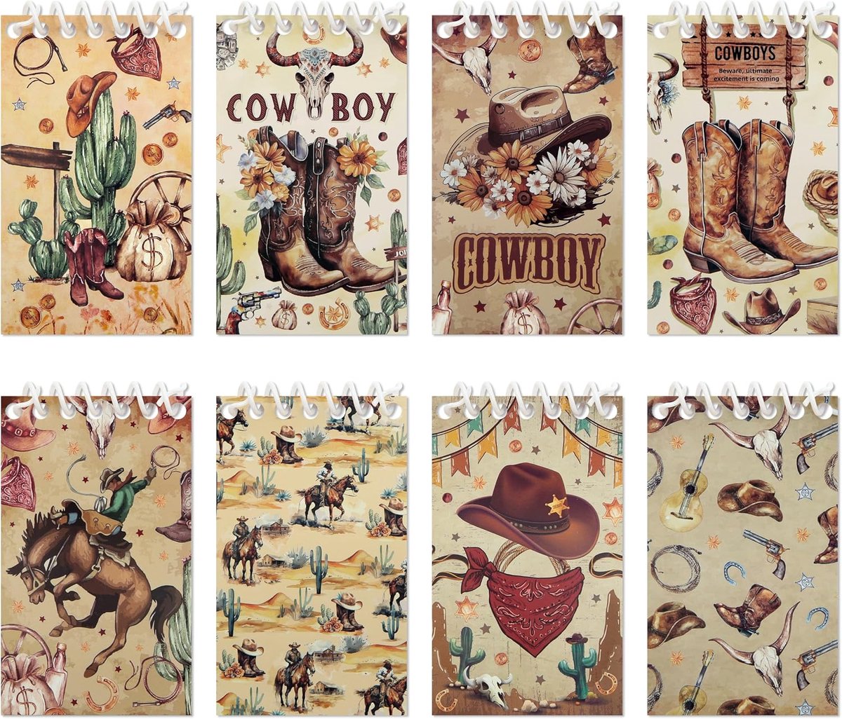 SnelShoppen - 8 Stuks Kleine Spiral Notitieboekjes Cowboy Thema Pocket Notebooks 6x9cm voor School, Kantoor en Cadeaus voor Cowboy Liefhebbers