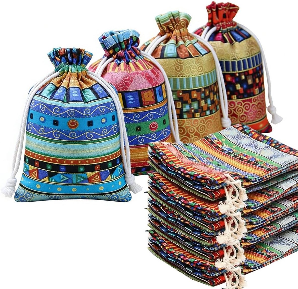 12 Herbruikbare Jute Linnen Tassen voor Munten, Sieraden en Cadeaus - Etnische Stijl, Trekkoord Tassen