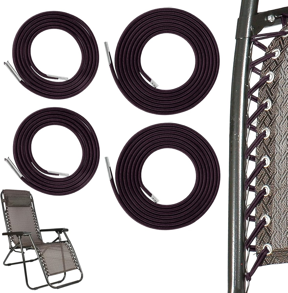 SnelShoppen - 4x Vervangingskoord Elastisch - Universele Elastische Lacing - Voor Ligstoelen, Recliners, Tuinmeubelen - Zwart