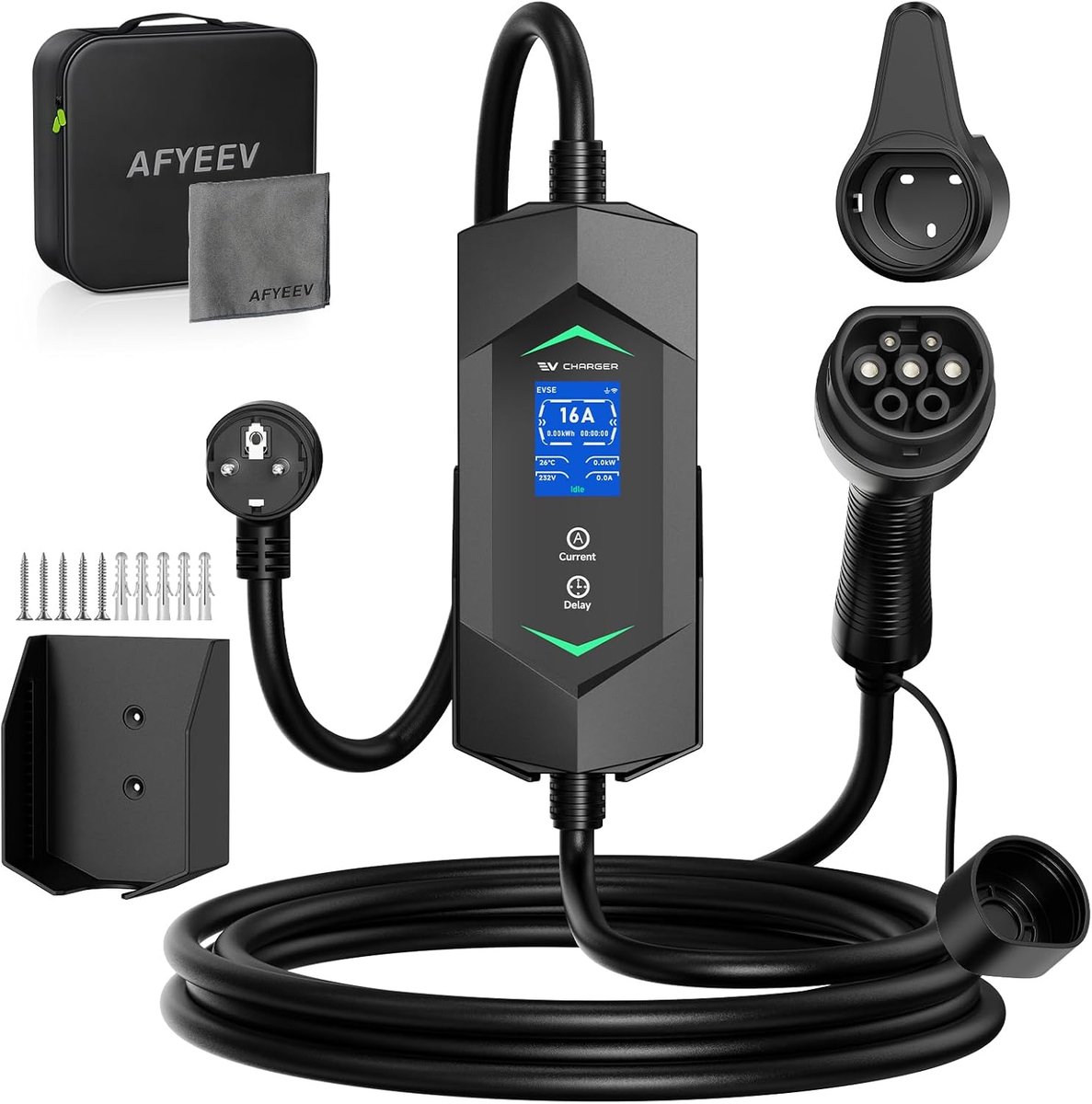 SnelShoppen - Type 2 Oplaadkabel, Schuko 3.68 kW, 5m, 6-16 A, 1-fase, Draagbare EV Charger met Digitale Display, Vermogensinstelling en Timer voor all