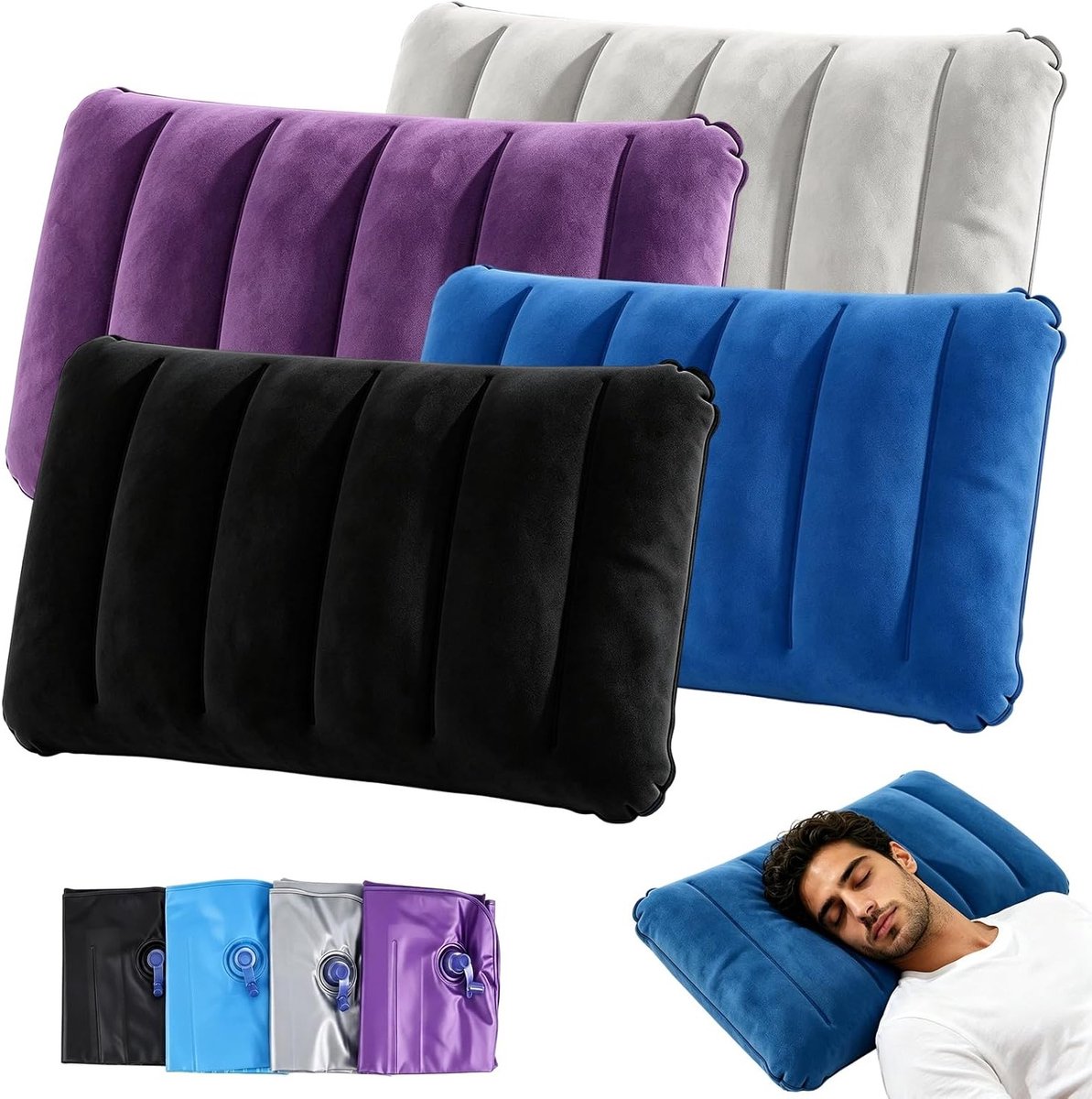 Opblaasbare velours kussens voor strand en camping - Lichtgewicht reiskussen set van 4 (zwart, grijs, blauw, paars)