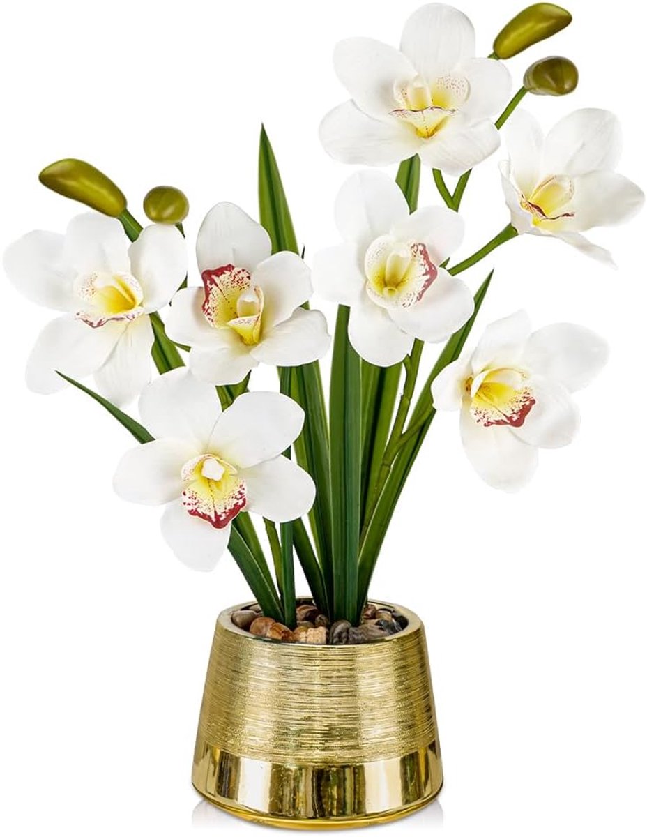 SnelShoppen - Cymbidium Kunstbloemen Wit in Gouden Keramieken Pot, Decoratieve Orchideeën, Real Touch Kunstplanten voor Tafel en Vensterbank