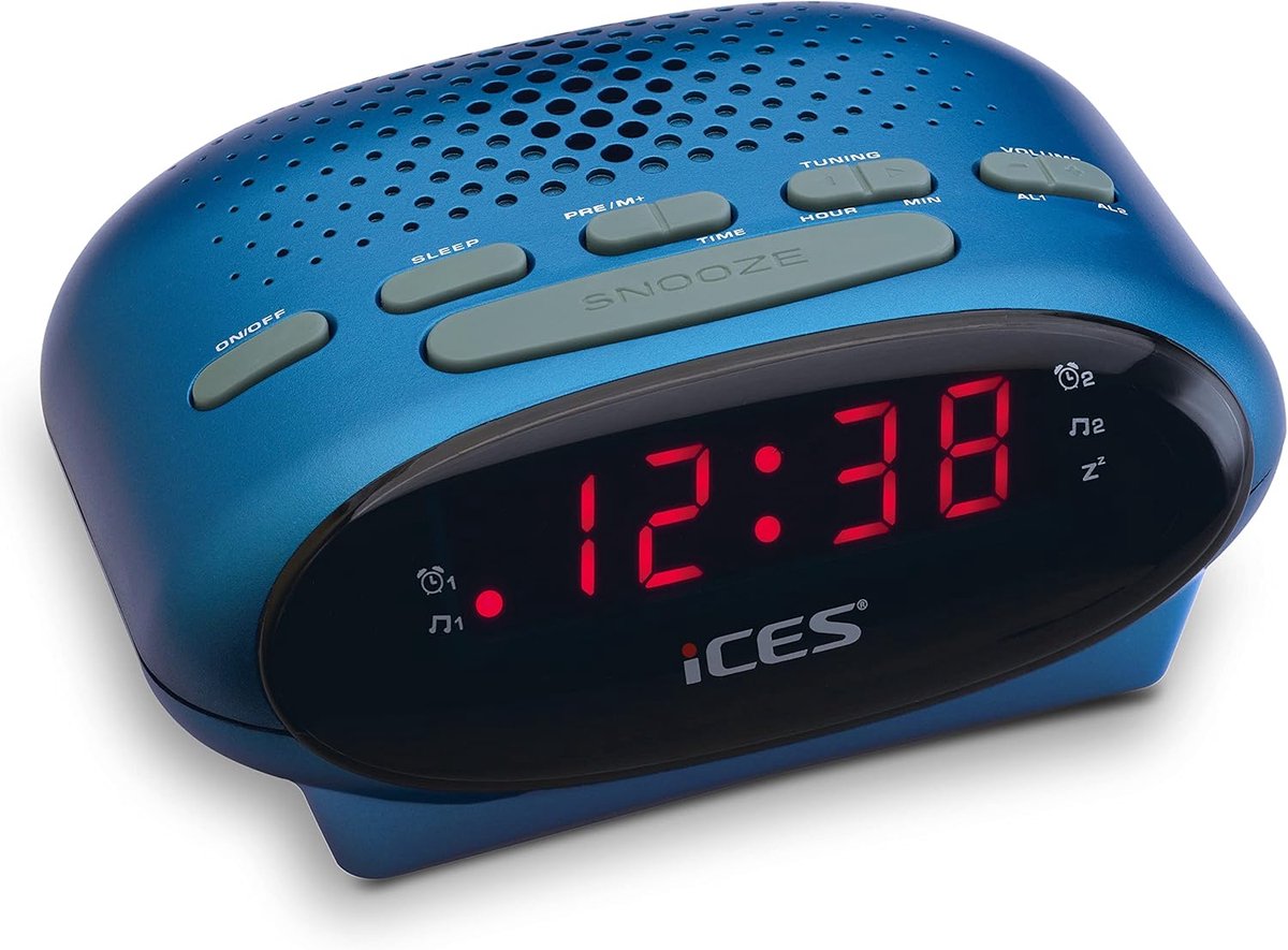 SnelShoppen - FM Klok Radio met LED Display, 2 Wektijden, Slaapfunctie, Snooze en Slaper Timer, Draagbaar, Blauw