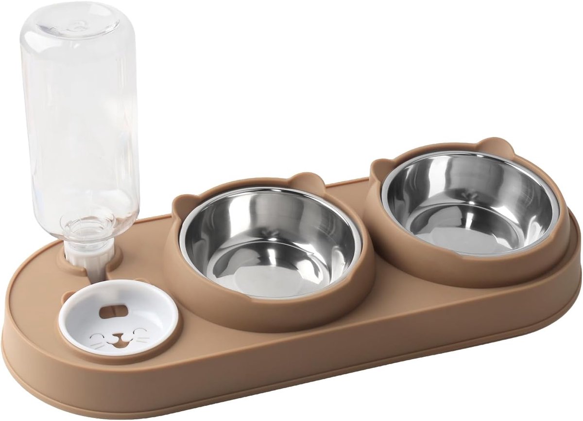 SnelShoppen - 3-in-1 Rvs Kattenvoer- en Waterbak Set met Verhoogde Stand, Dubbele Kattenvoerdispenser met Automatische Waterafgifte, Ideaal voor Binne