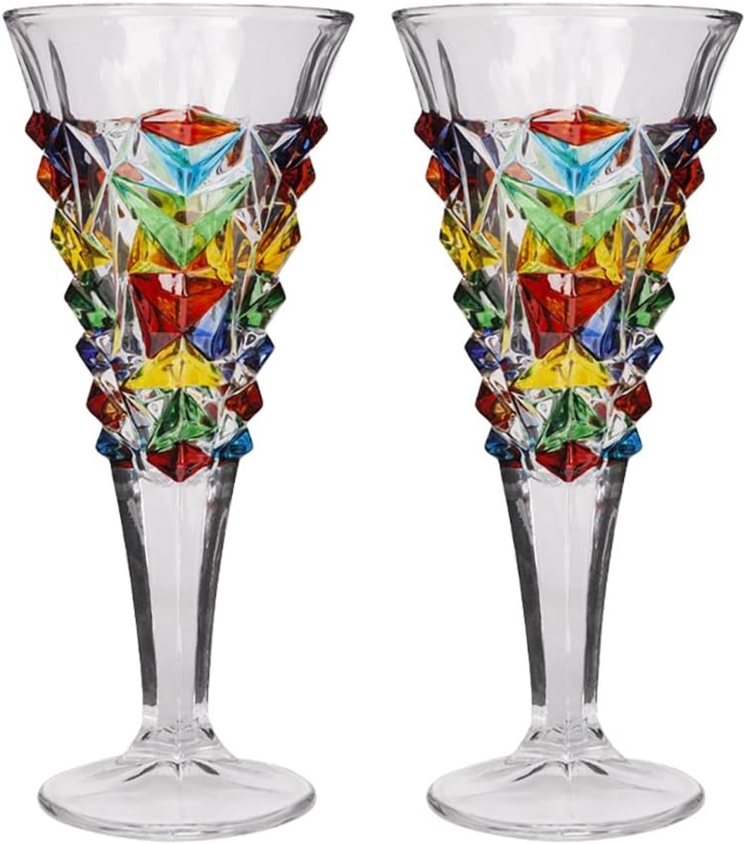 SnelShoppen - Handgeschilderde Kristalglazen Champagnefluiten Set van 2 - Kleurige Barware Glazen voor Wijnproeven, Moederdag, Verjaardag, Bruiloft -