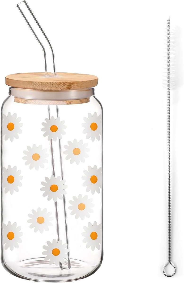 SnelShoppen - Glass Tumbler met Deksel en Rietje, Aesthetic Tumbler Bloem Motief, 16 oz Drinkglas voor Iced Coffee, Bubble Tea, Smoothies - Perfect vo