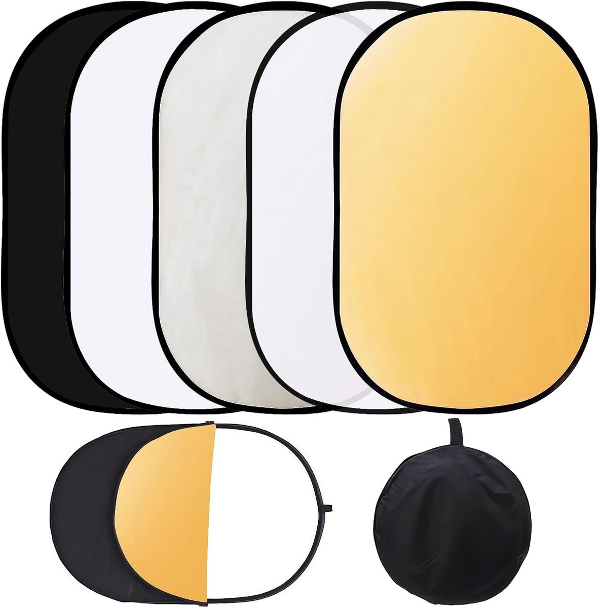 SnelShoppen - 5-in-1 Reflector voor Fotografie 60x90cm | Oval Vouwbare Reflector met Draagtas, Diffuser, Zilver/Goud/Wit/Zwart, Lichtdiffusor voor Pro
