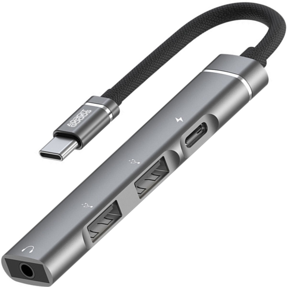 AdroitGoods USB-C Hub 4-in-1 - 2x USB-A - USB-C Opladen - 3.5mm Jack - OTG Adapter - Compacte Splitter voor Laptop Tablet Smartphone - Grijs