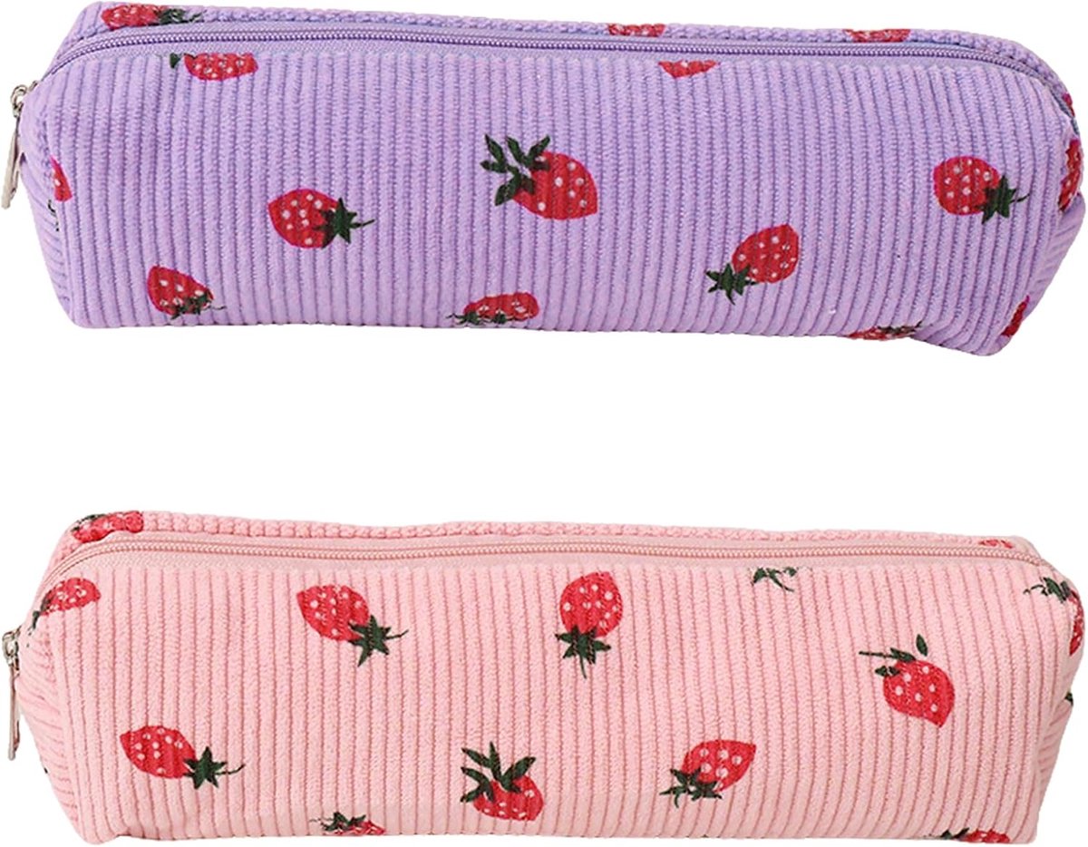 SnelShoppen - 2 stuks pennenetui 21x4,5x5,5 cm, roze/paars met aardbeipatroon, corduroy etui met ritssluiting, multifunctionele opbergtas voor school