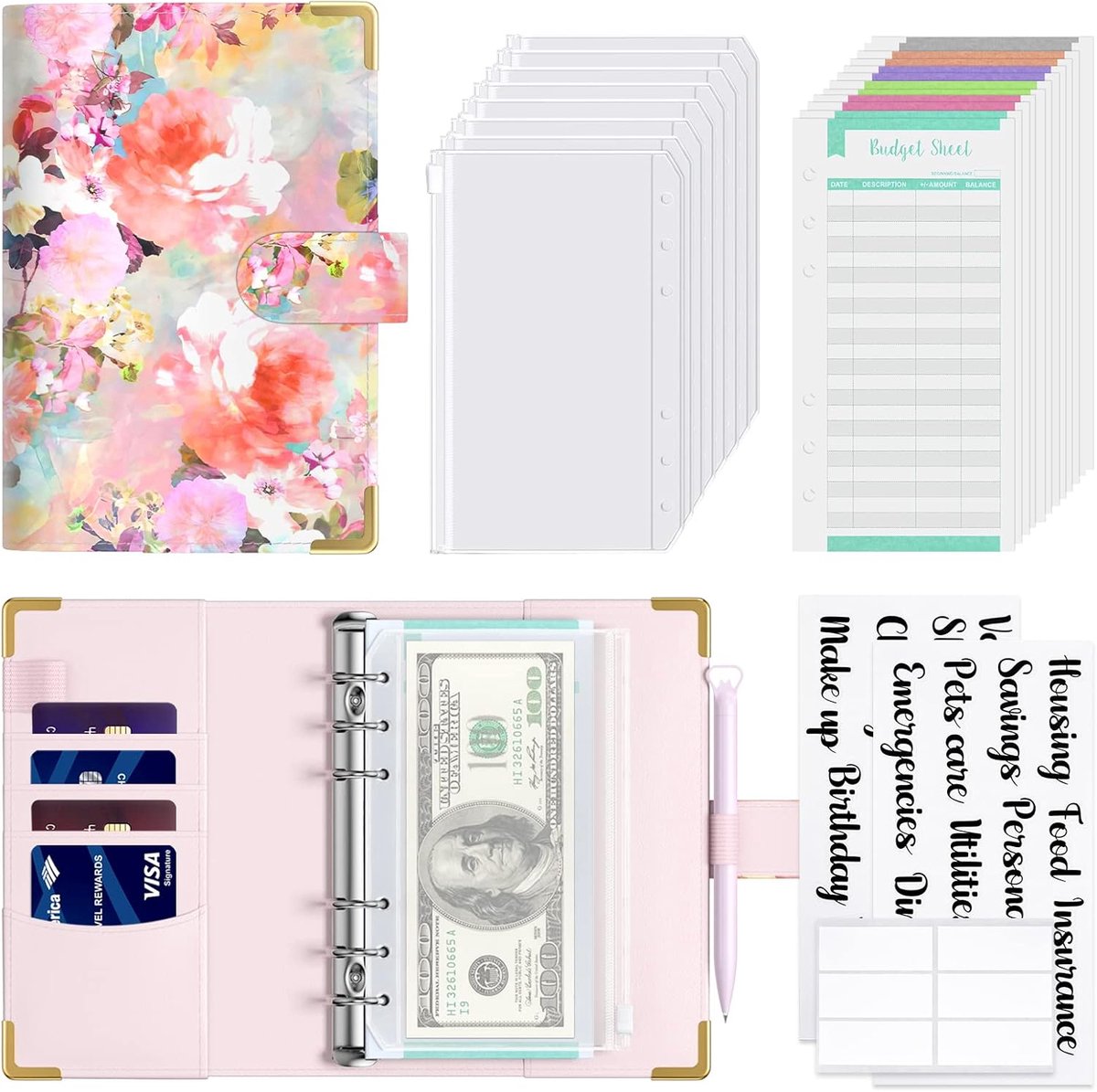 SnelShoppen - Budget Binder met Rits Enveloppen A6 - Geldbesparende Ringband - PU Leer Budget Planner - Roze Rozen - Geld Organizer voor Vrouwen - Per