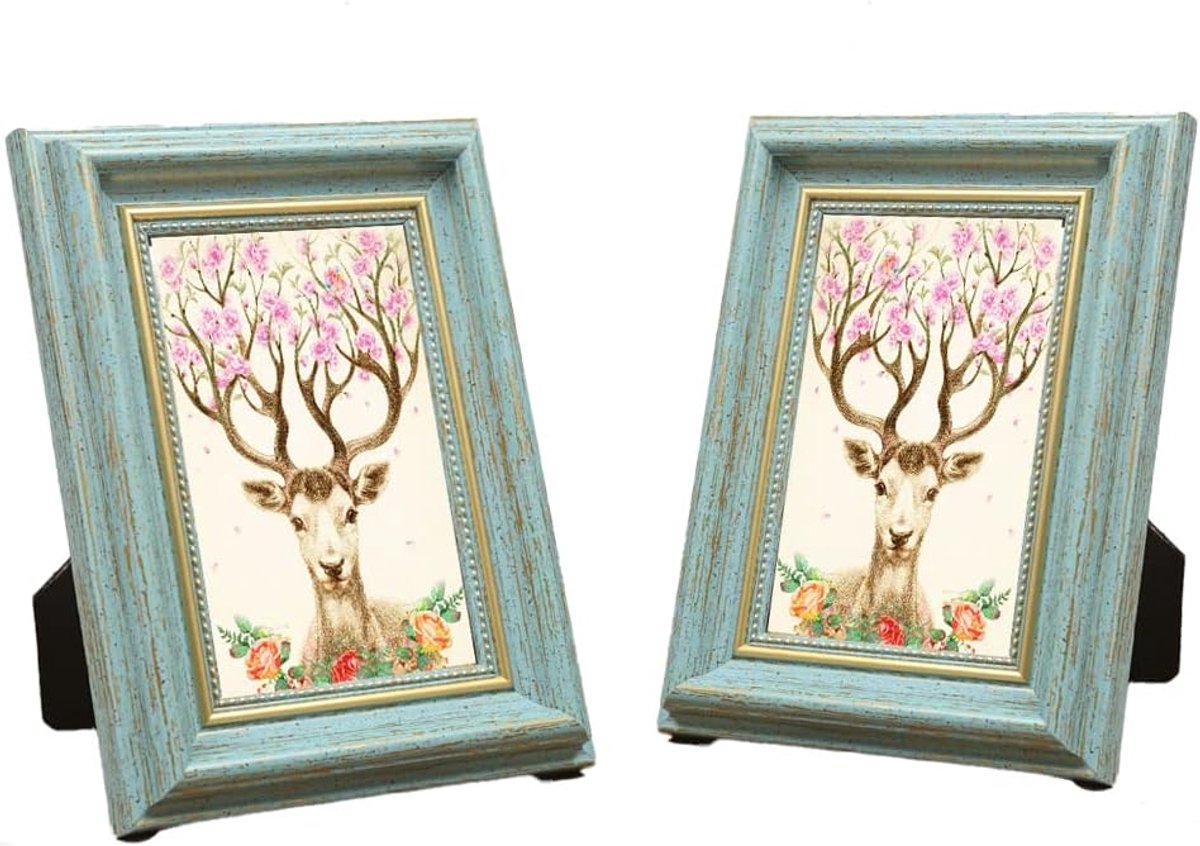 Set van 2 Fotolijsten 10x15cm - Vintage Blauw Klassiek Fotolijstje voor Desktop en Interieurdecoratie