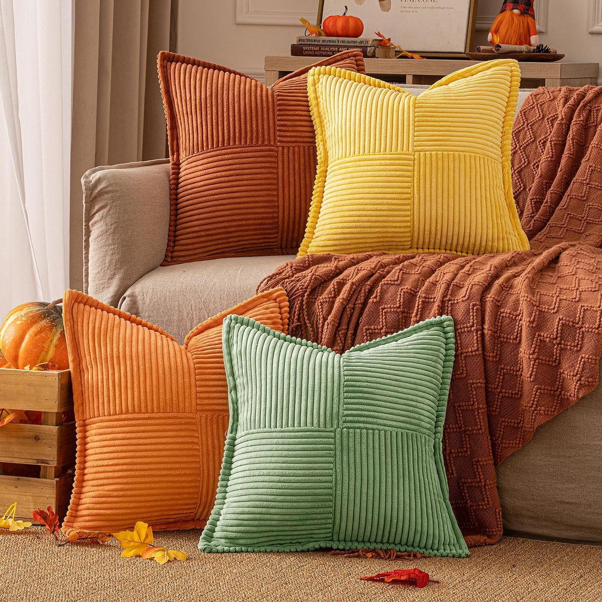 SnelShoppen - Set van 4 Corduroy Velvet Kussenslopen 45x45 cm - Decoratieve Kussens voor Bank en Slaapkamer - Herfstkleur - Zachte, Chic en Praktische