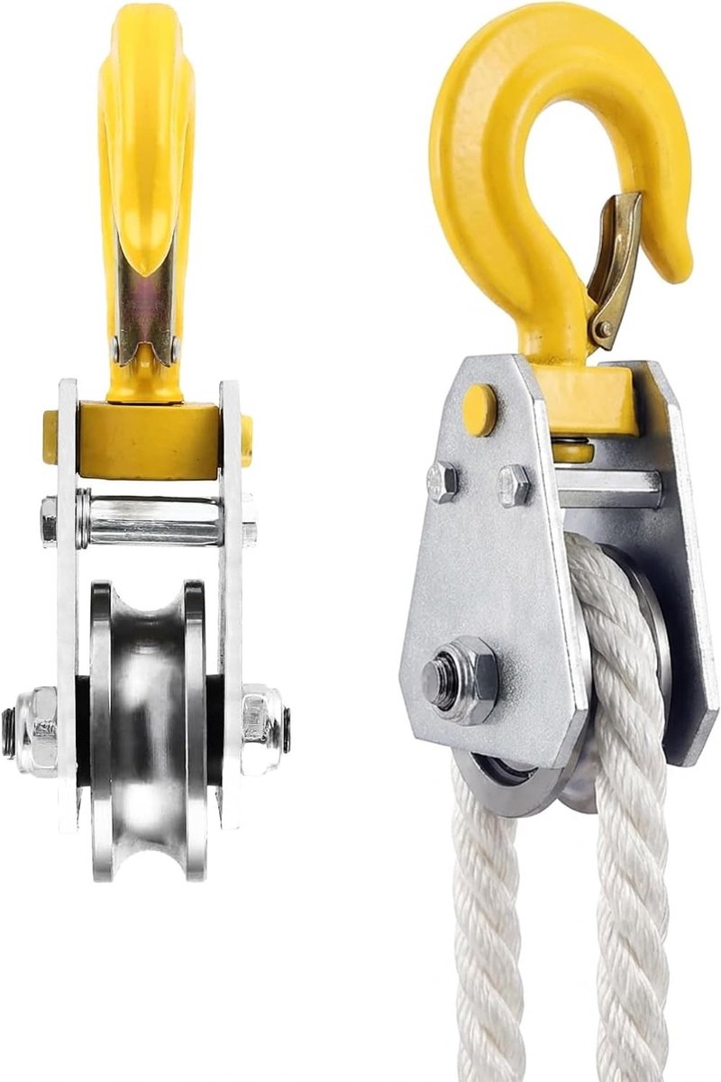 Robuuste 1-ton katrol met kogellagers en haken voor zware lasten tot 1000 kg, geschikt voor 12 mm kabels, ideaal voor garage, bosbouw en vakmensen