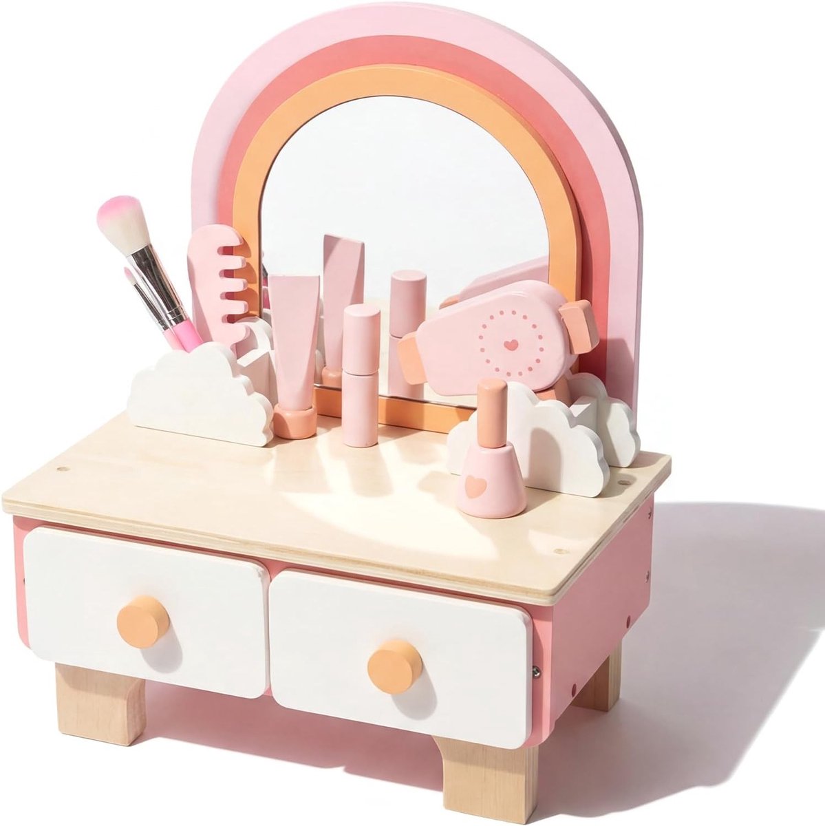 Roze Houten Make-up Tafeltje met Lades en 360° Spiegel, 11 Stuks Schoonheidsaccessoires voor Meisjes, Perfect Cadeau voor 3+ Jaar (Speelgoed, Kinderen, Creatief Spel)