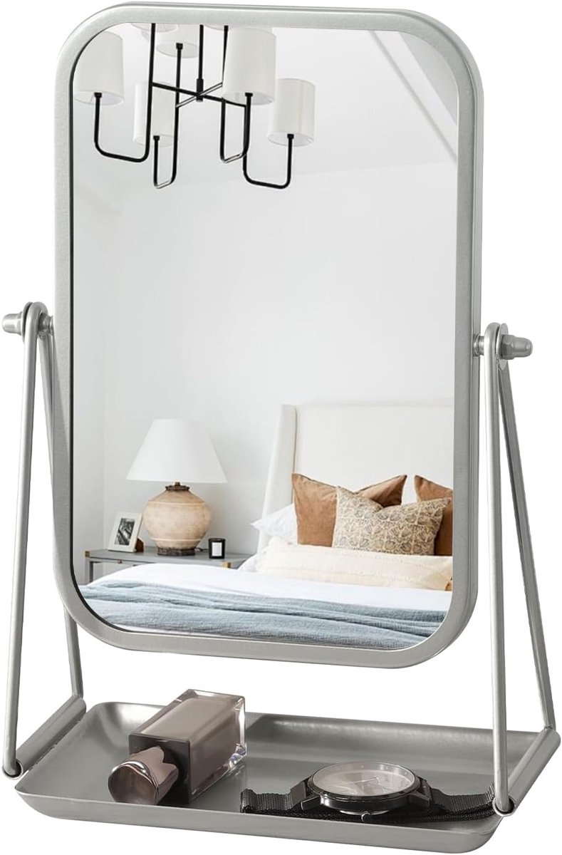 SnelShoppen - Table Mirror met Opslagruimte - Zilveren Make-up Spiegel met Stand - Kleine Staande Spiegel met IJzeren Frame - 360° Rotatable - Verstel