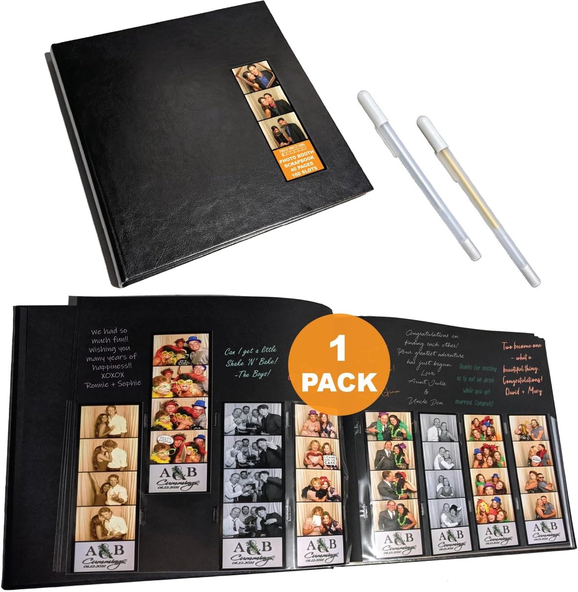 SnelShoppen - Photo Booth Album - Zwart - 40 Zwarte Pagina's - 160 Slots voor 2x6 Foto Strips - Luxe Leather - Inclusief Zilveren en Gouden Gelpennen